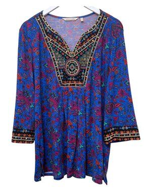 Soft Surroundings Beaded Tunic Top Large Petite Boho Stretch Blue Floral